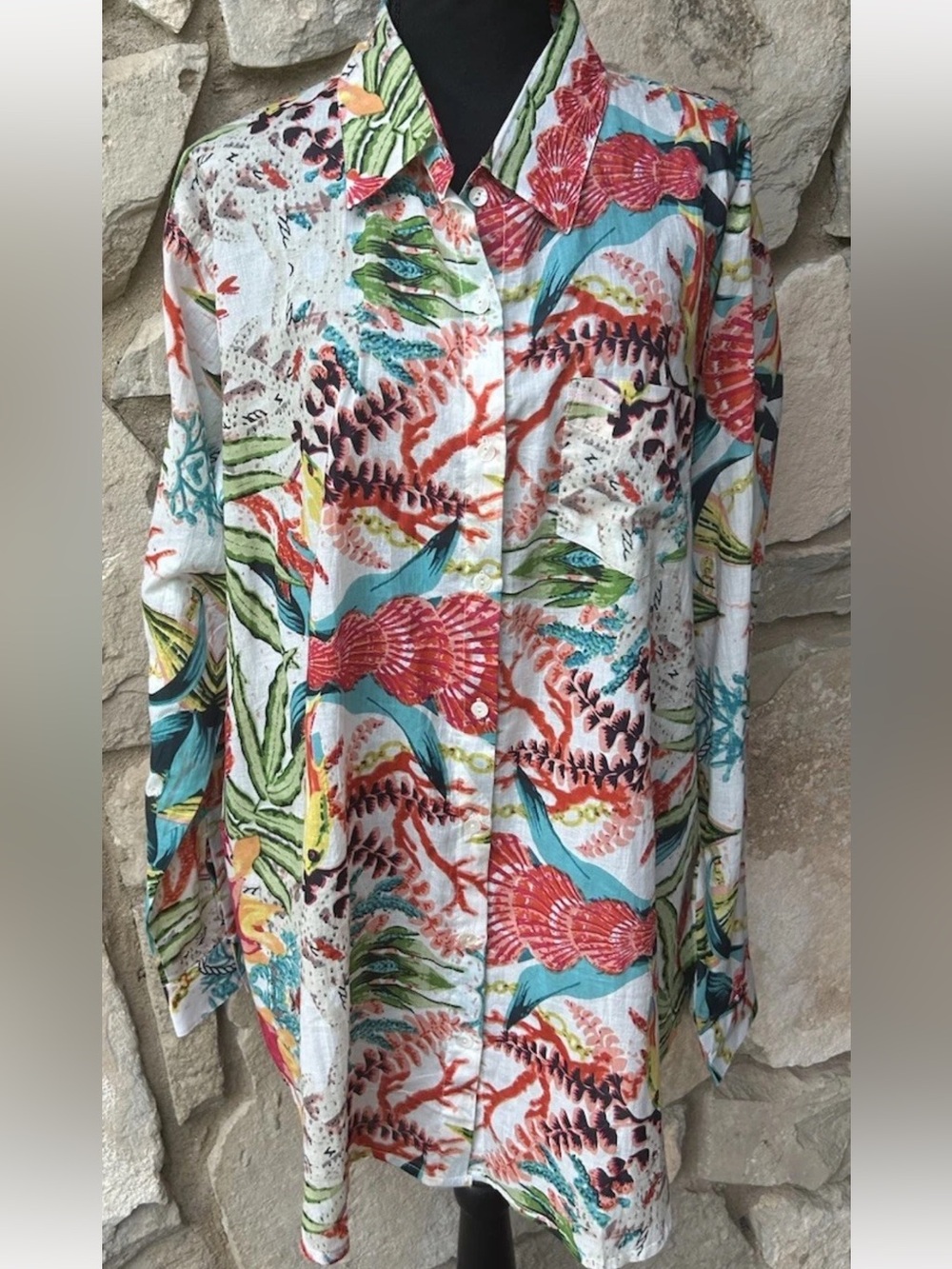 KikiSol Cotton Tunic Top Shirt 2XL Multicolor Shell Beach Print Button Up EC
